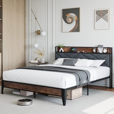 Bed Frame,Upholstered Headborad with Storage and Charing Station, Tufted Design, Steel Slats Support, No Box Spring Needed, Easy Assembly