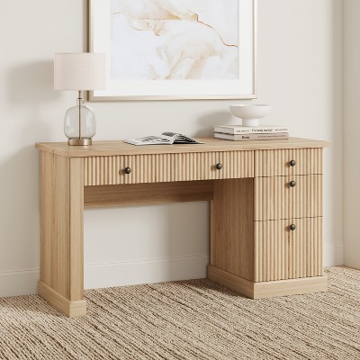 Garvee Fluted Home Office Desk Storage, 54" Modern Executive Desk with Charging Station, Wooden Computer Desk with File Drawers for Study