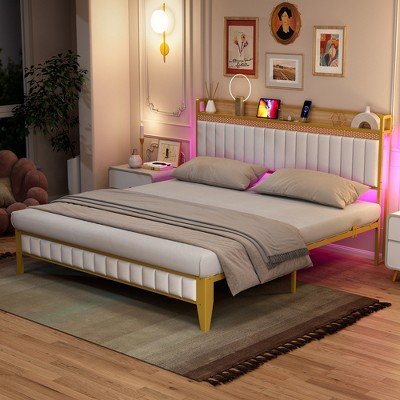 Upholstered Bed Frame with LED Lights | USB Charging Station & Storage | White & Gold Design | Noise-Free Metal Slats | Easy Assembly