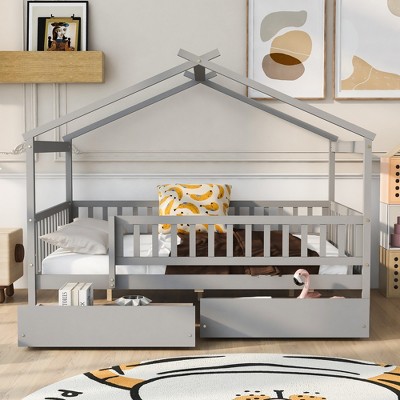 YOOCOZZ  Full Size Wooden Bed with House Design and Drawers