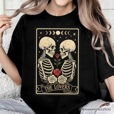 Skeleton The Lovers T-Shirt, Tarot Card Gothic Moon Phases Rose Tee Black 3XL