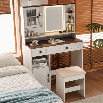 KTMBDW Makeup Vanity Desk with Mirror and Lights, Dressing Table Set with Charging Station and Stool, 2 Drawers, Shelves and Side Cabinet for Bedroom