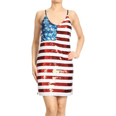 Anna-Kaci Women's Spaghetti Strap Sleeveless USA American Flag Patriotic Sequin Dress