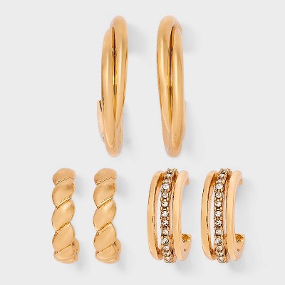 Twisted Hoop Earring Set 3pc - A New Day™ Clear/Gold: Nickel-Free Metal, Post Closure