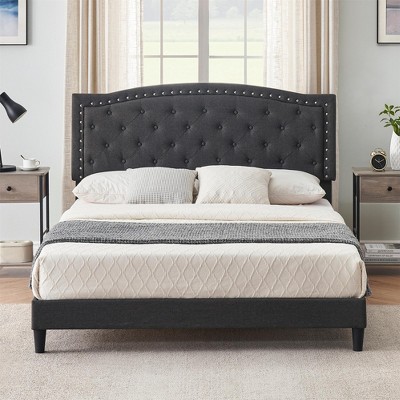 Full/Queen Size Upholstered Platform Bed Frame, Bed Frame with Adjustable Button-Tufted Wing Back Headboard, No Box Spring Needed