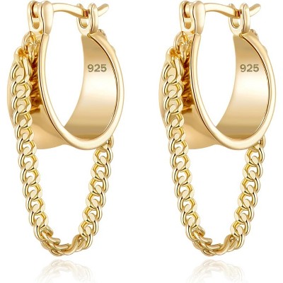 Gold Chain Earrings for Women Trendy Dainty 925 Sterling Silver Post 14k Gold Plated Chain Tassel Dangle Hoop Earrings