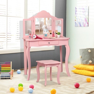 Costway Kids Vanity Table & Stool Princess Dressing Make Up Play Set for Girls White/Pink