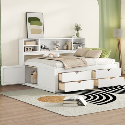 Full Size Storage Daybed with 4 Drawers, 2 Bedside Cabinets and Upper Shelves, White/Gray/Antique Brown-ModernLuxe