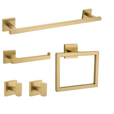 Itopfox 5-Piece Brushed Gold Bathroom Hardware Set, Stainless Steel Towel Holder with Ring & Hook, Wall Mounted Accessories for Bathroom