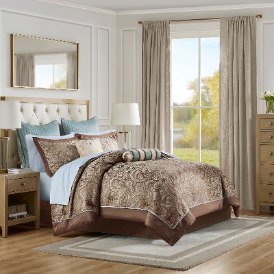 Lyngins 12-Piece Complete Bed Set, Paisley Jacquard Comforter Set, 100% Cotton Bed Sheets Set, Euro Shams & More, Queen Bedding Set