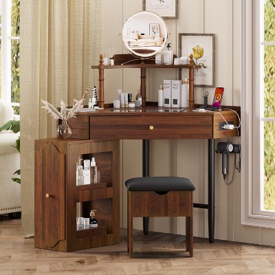 Kumasinova Corner Computer Desk Desk Set,Triangular Makeup Table with Storage Ottoman&Charging Station,Standing Desk with with Glass Top for Bedroom