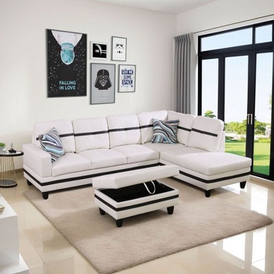 White and Black Semi-PU Leather Sectional Sofa - Modern L-Shaped Design, Tufted Cushions, Storage Ottoman, Chic Home D�cor