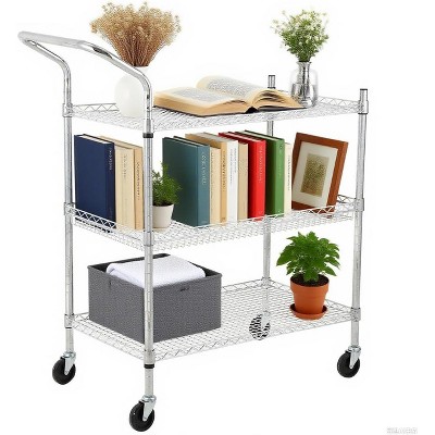 3-Tier Utility Rolling Cart with Wheels – Heavy Duty Commercial Grade Metal Serving Cart, 1500 LBS Capacity Tool Storage Cart with Handle Bar