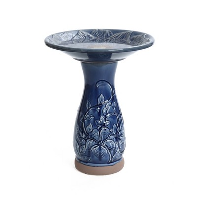 LuxenHome 22" Elegant Tall Ceramic Bird Bath for Outside with Floral Pattern, Deep Blue