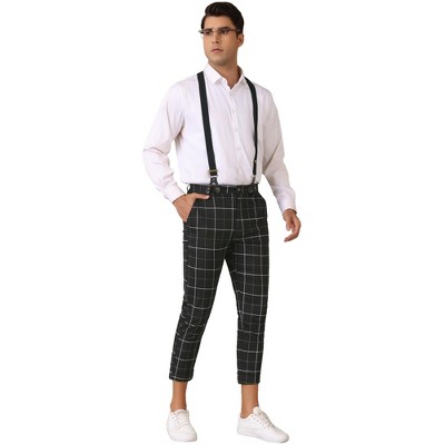 Lars Amadeus Men's Tapered Leg Formal Plaid Checked Suspender Cropped Pants Trousers