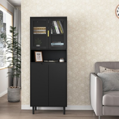 Bookshelf Modern with Glass Doors and Adjustable Shelves for Home Office 23.62in Wide Black- 3irtyhousy