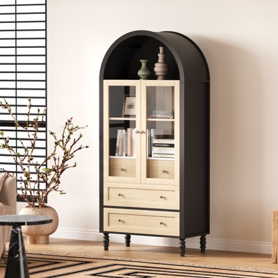 COZONY 70" Arched Display Cabinet with LED Lights, Adjustable Shelf & 3 Drawers - Black & Oak