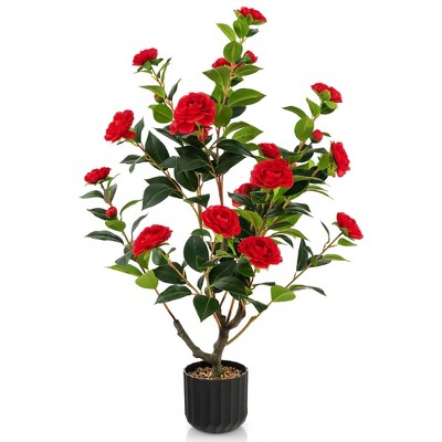 Tangkula 38" Artificial Camellia Tree Faux Floral Plant Fake Tree for Decoration Red