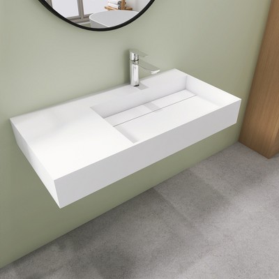 36 x 18 in. Solid Surface Wall Mount Bathroom Right Vessel Sink with Faucet Hole and Drain Cover