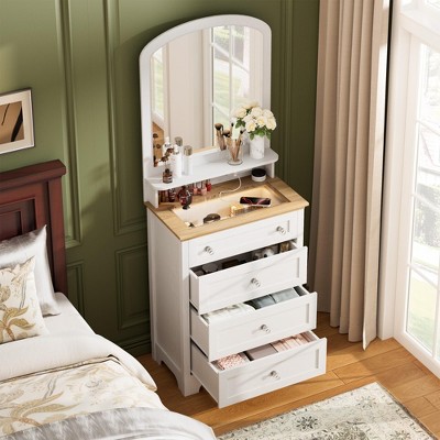 White Drawer Dresser with Mirror - Charge Station and LED Strip, 4 Drawer Cabinet with Cristal Knobs