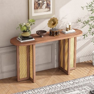 PAGED Farmhouse Narrow Console Table with Rattan Legs, Rattan Entryway Table with Oval Top, Wood Entryway Sofa Table, Couch Table Behind Sofa