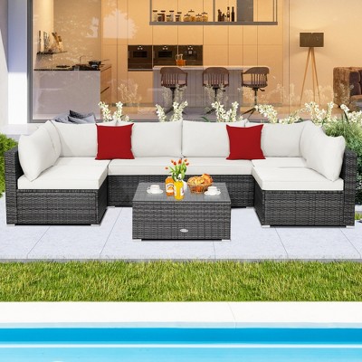 Costway 7PCS Patio Rattan Furniture Set Sectional Sofa Cushioned Garden Black/Grey/Navy/Peacock Blue/Off White/Turquoise/Beige