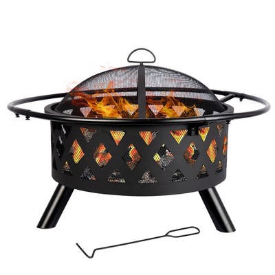 Bestier 20" Fire Pit for Outside Wood Burning, Round Outdoor Fire Pit with Screen and Poker, Brown Steel Fire Pit for Backyard Garden Bonfire Patio