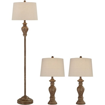 Regency Hill Sutton Traditional Table and Floor Lamp Set Brown Faux Walnut Wood Finish Off-White Shade Living Room Bedroom Bedside Nightstand House