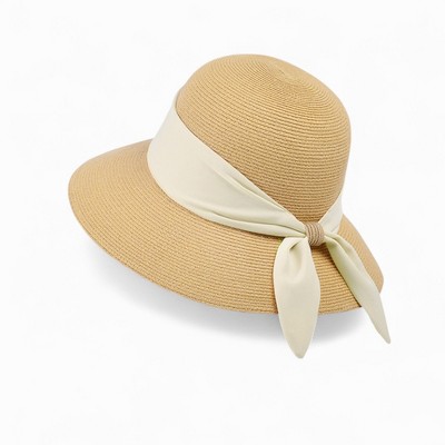 Anna-Kaci Women's Wide Brim Straw Hat with Twisted Bow Back Detail and Sun Protection Design