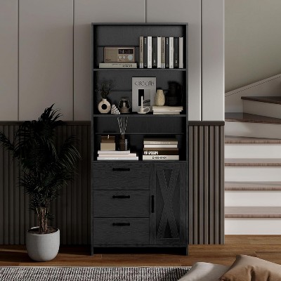 COZONY 71" Black/White Modern Bookcase with Door and 3 Drawers, Wooden Bookshelf with 3-Tier Open Shelves for Living Room, Office, Bedroom