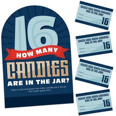 Big Dot of Happiness Boy 16th Birthday - How Many Candies Sweet Sixteen Birthday Party Game - 1 Stand and 40 Cards - Candy Guessing Game