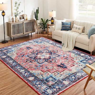 Boho Vintage Runner Rug - Washable floral hallway carpet, non-shedding for entryway