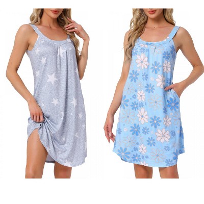 INSPIRE CHIC Women's 2 Pcs Sleeveless Printed Scoop Neck Tank Broad-Strap Nightgown with Pockets