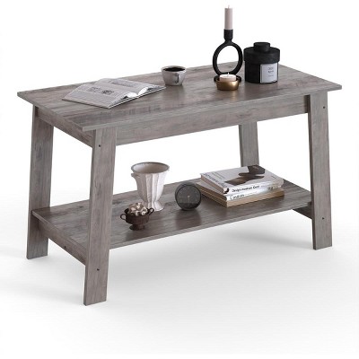 Modern Farmhouse Coffee Table with Storage Shelf, 2-Tier Rectangular Wood Center Table for Living Room and Home Office