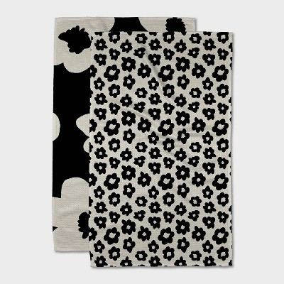 Geometry Tea Towel Set Graphite: Modern Floral Botanical Quick Dry Microfiber Kitchen Towels, 2-Piece, Off-White & Black
