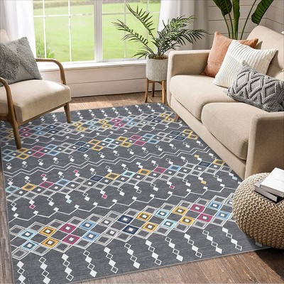 Boho Rug Moroccan Trellis Area Rug Washable Rug Faux Wool Geometric Distressed Carpet