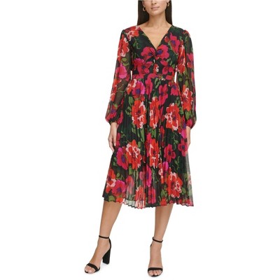 Kensie Womens Party Ruched Floral Midi Fit & Flare Dress