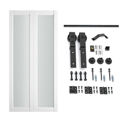 SMARTSTANDARD Bifold Barn Door 84 in. Height 1-Lite Frosted Glass MDF Bi-fold Sliding Closet Doors with Hardware Kit Included, Predrilled