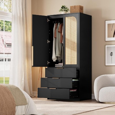 Acekool 70" Rattan Door Wardrobe - Standing Closet with 3 Drawers & Hanging Rod (White/Black/Wood color)