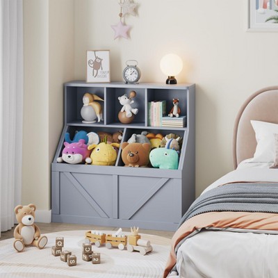 Kids Bookshelf and Toy Storage, Wooden Toy Storage Organizer, 2-Tier Toddler Bookcase with 3 Cubbies & 2 Bins for Playroom, Nursery, Bedroom Grey