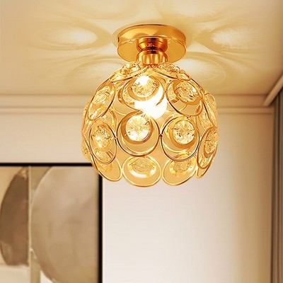 DORESshop 7 in. 1-Light Gold Semi Flush Mount Ceiling Light Fixture with Antique Metal Crystal Shade