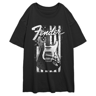 Junior's Fender Distressed Black and White Flag Oversized T-Shirt
