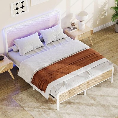 Queen Rattan Platform Bed Frame with Led Light Headboard, Modern Style Cane Boho Bed Frames with Heavy Duty Sturdy Steel Slat Support, Black