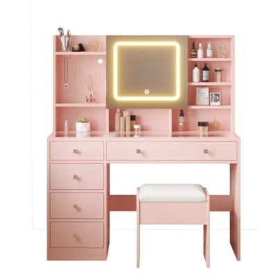 Barbie Pink Particle Board Tempered Glass Tabletop Laminated with Textured Melamine 5-Drawer Dressing Table Set