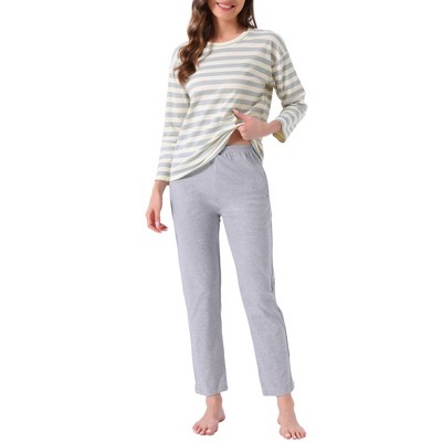 INSPIRE CHIC Women's Lounge Set Cotton Striped Dot Strawberry Print  Long Sleeve Round Neck Cute Pattern Pants Set Sleepwear