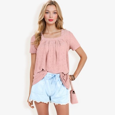 Anna-Kaci Women's Eyelet Square Neck Top with Pleated Front, Lightweight Comfortable Casual Blouse
