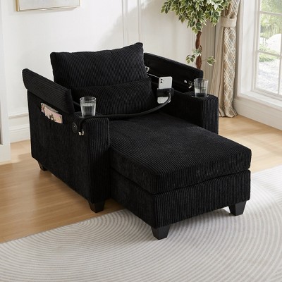 Racxily 37in Chaise Lounge for Living Room, Corduroy Sofa with USB Ports, Single-seater Sleeper Sofa with Phone Holder & Cup Holders, Black
