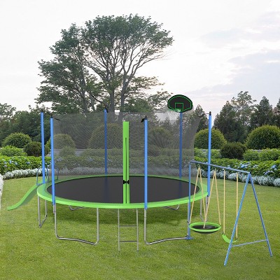 Whisen 14FT Trampoline with Basketball Hoop, Outdoor Trampolines w/Ladder and Safety Enclosure Net, Slide and Swings