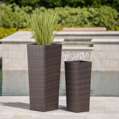 Okak Tall Wicker Planters Rattan Flower Pot Set of 2, 12x12x31.25" and 9x9x23.62", Square Planters for Garden and Patio, No Assembly