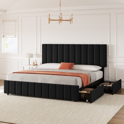 Linen Quilted Upholstered Platform Bed with Adjustable Headboard & 4 Storage Drawers, Sturdy Wooden Slats Support & No Box Spring Needed